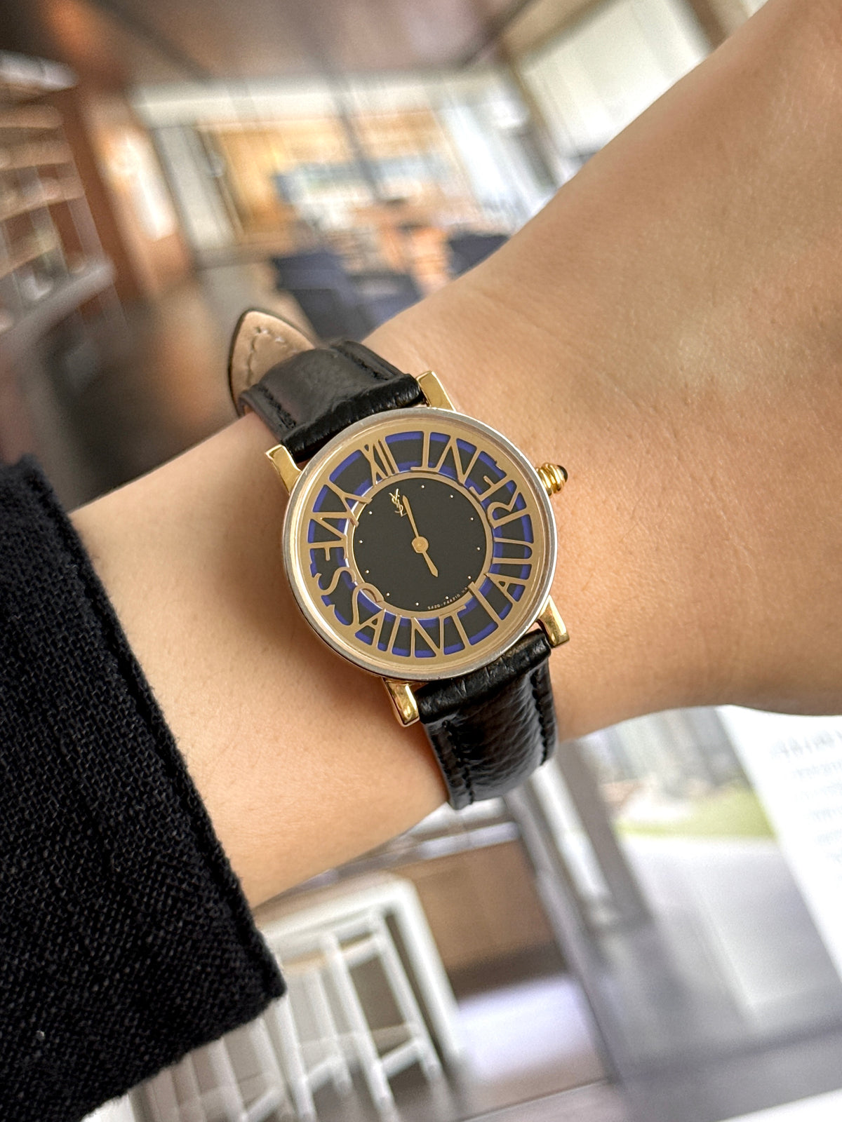 Rare Vintage 1990s Yves Saint Laurent YSL 26mm Blue Border Black Dial