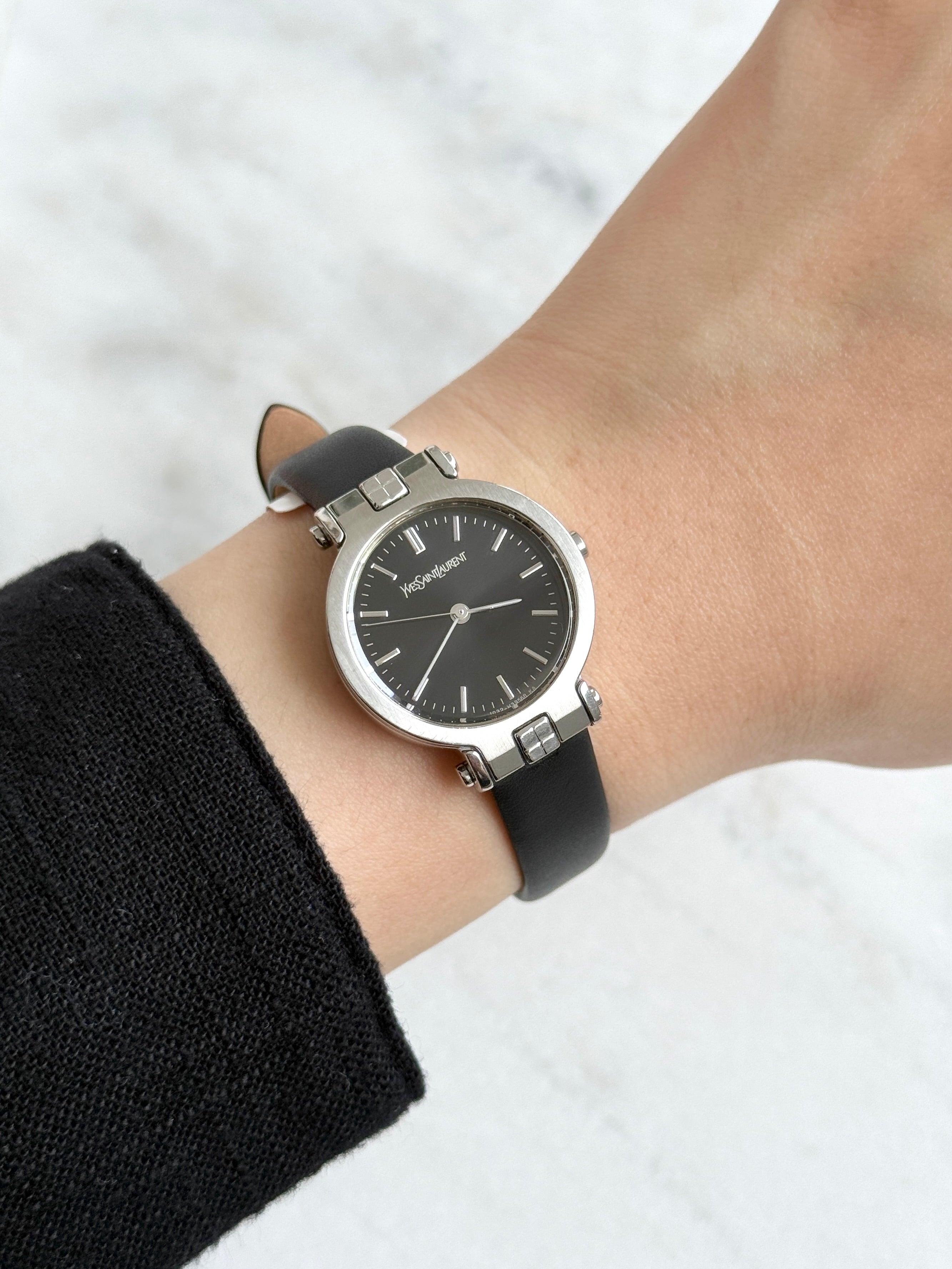 Rare Vintage YSL Brushed Steel Round Case Charcoal Black Dial