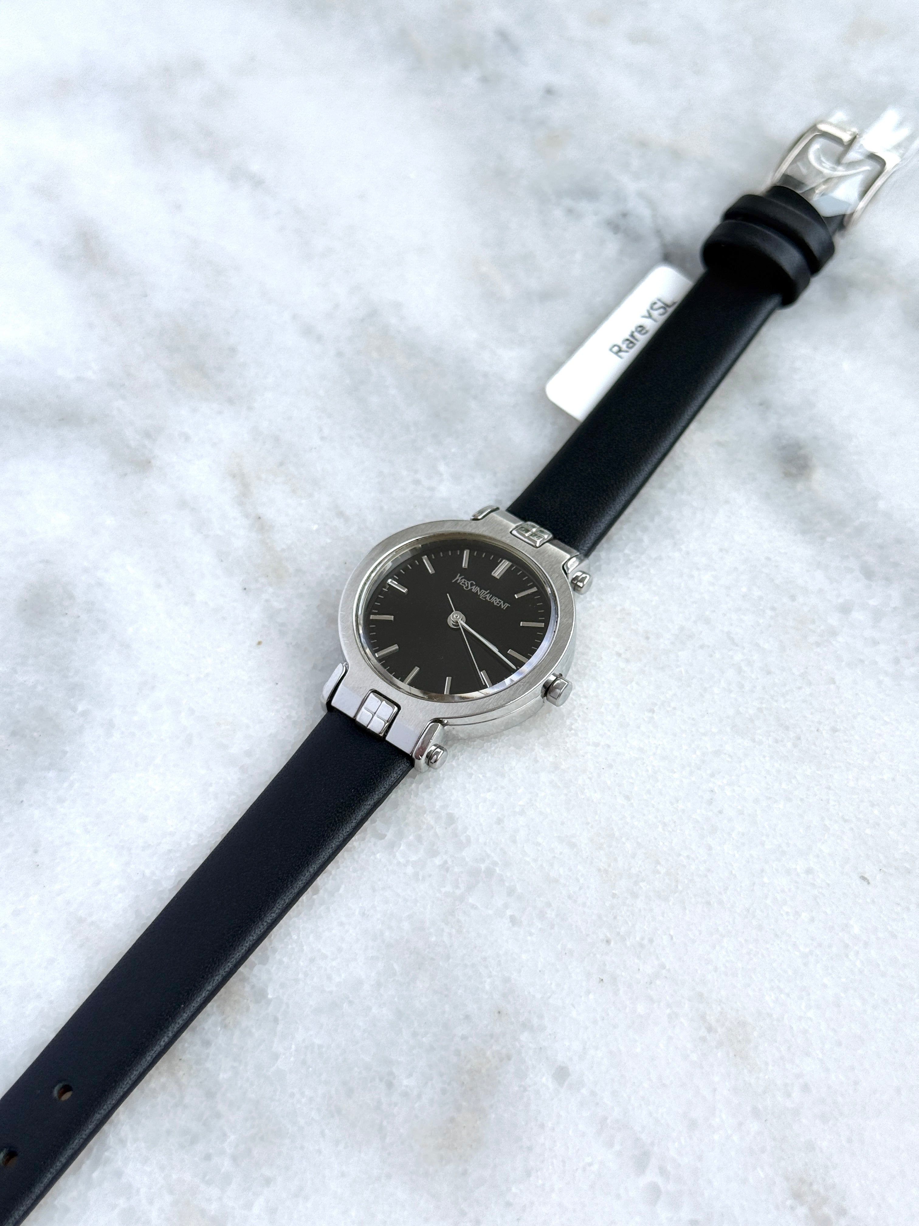 Rare Vintage YSL Brushed Steel Round Case Charcoal Black Dial