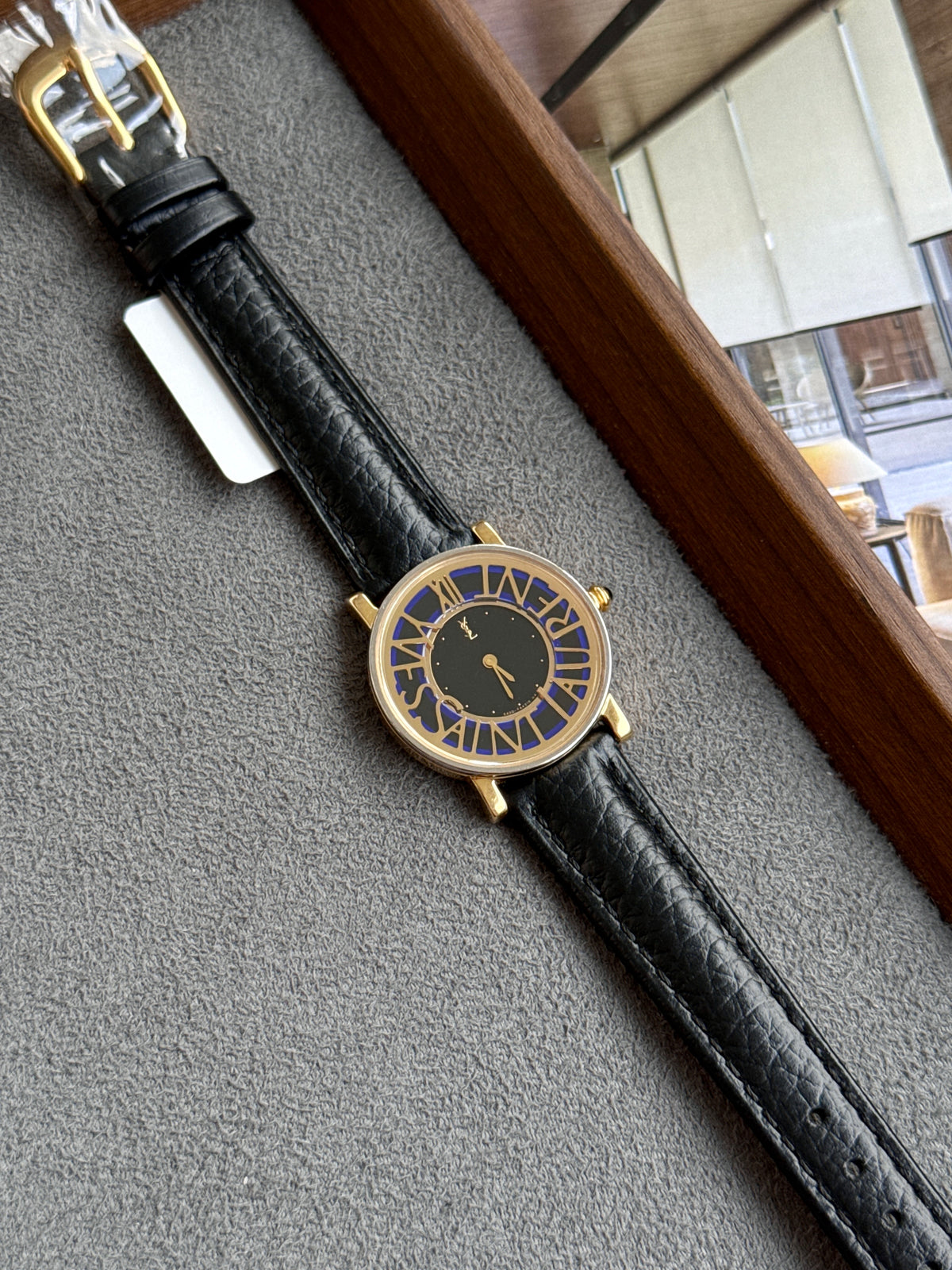 Rare Vintage 1990s Yves Saint Laurent YSL 26mm Blue Border Black Dial