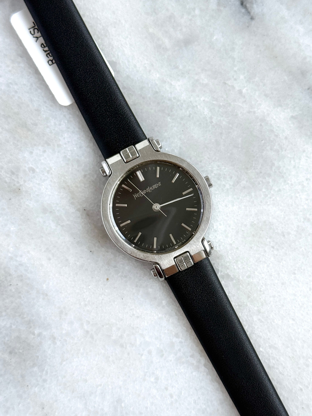 Rare Vintage YSL Brushed Steel Round Case Charcoal Black Dial