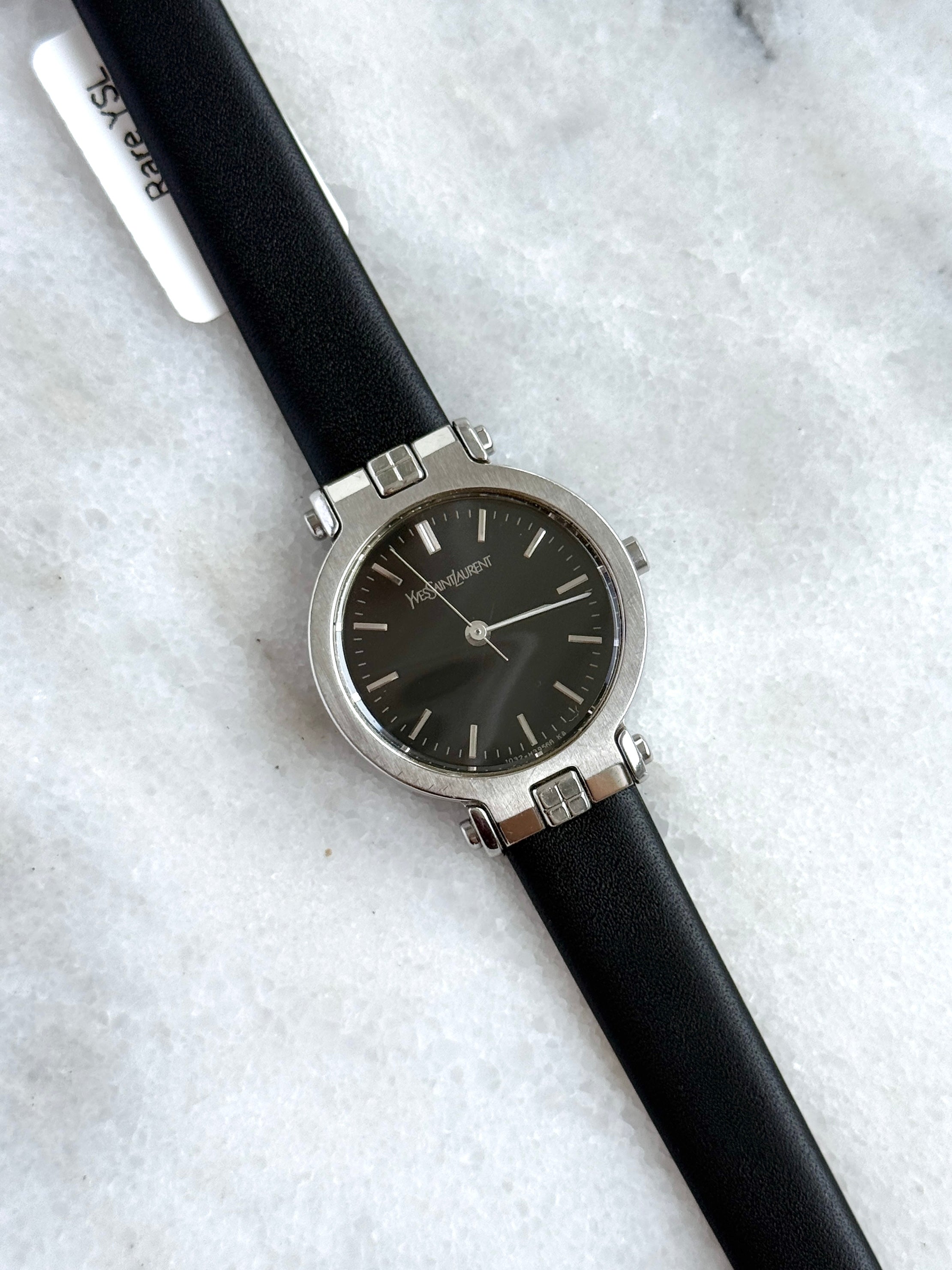 Rare Vintage YSL Brushed Steel Round Case Charcoal Black Dial