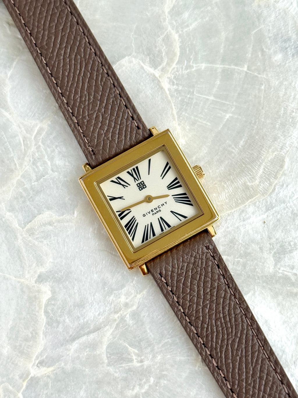 Vintage Givenchy Essence "Exploding" Roman Numerals Gold Toned Square Case