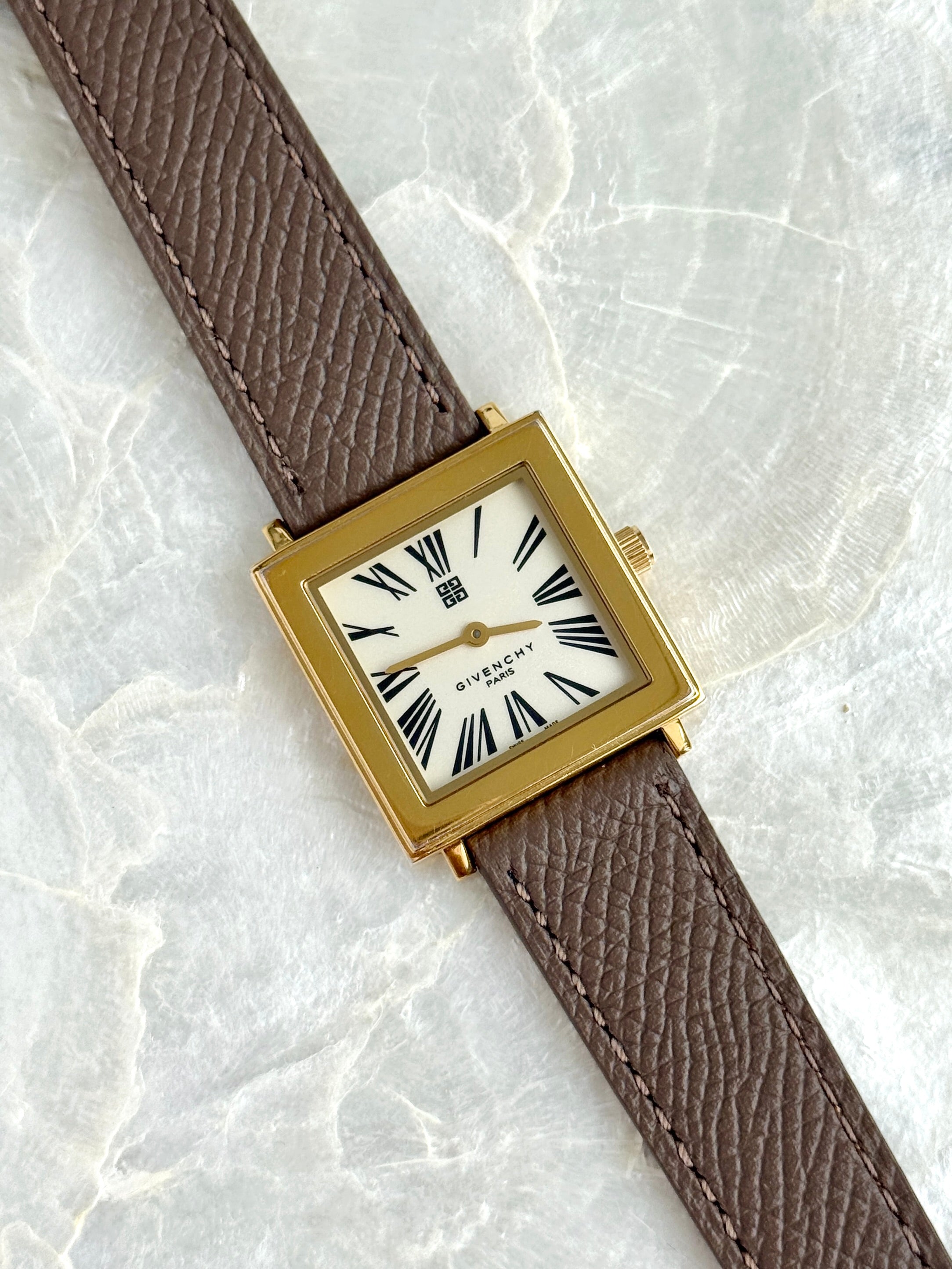 Vintage Givenchy Essence "Exploding" Roman Numerals Gold Toned Square Case