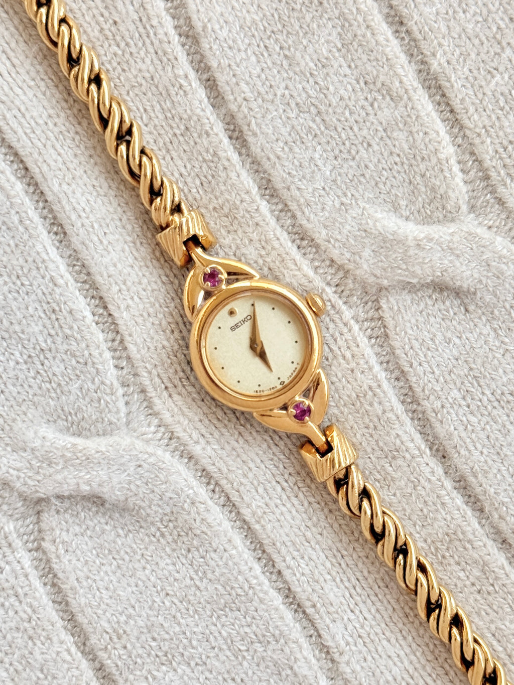 Vintage 1990s Seiko Petite Round Case Petal Lugs with Ruby