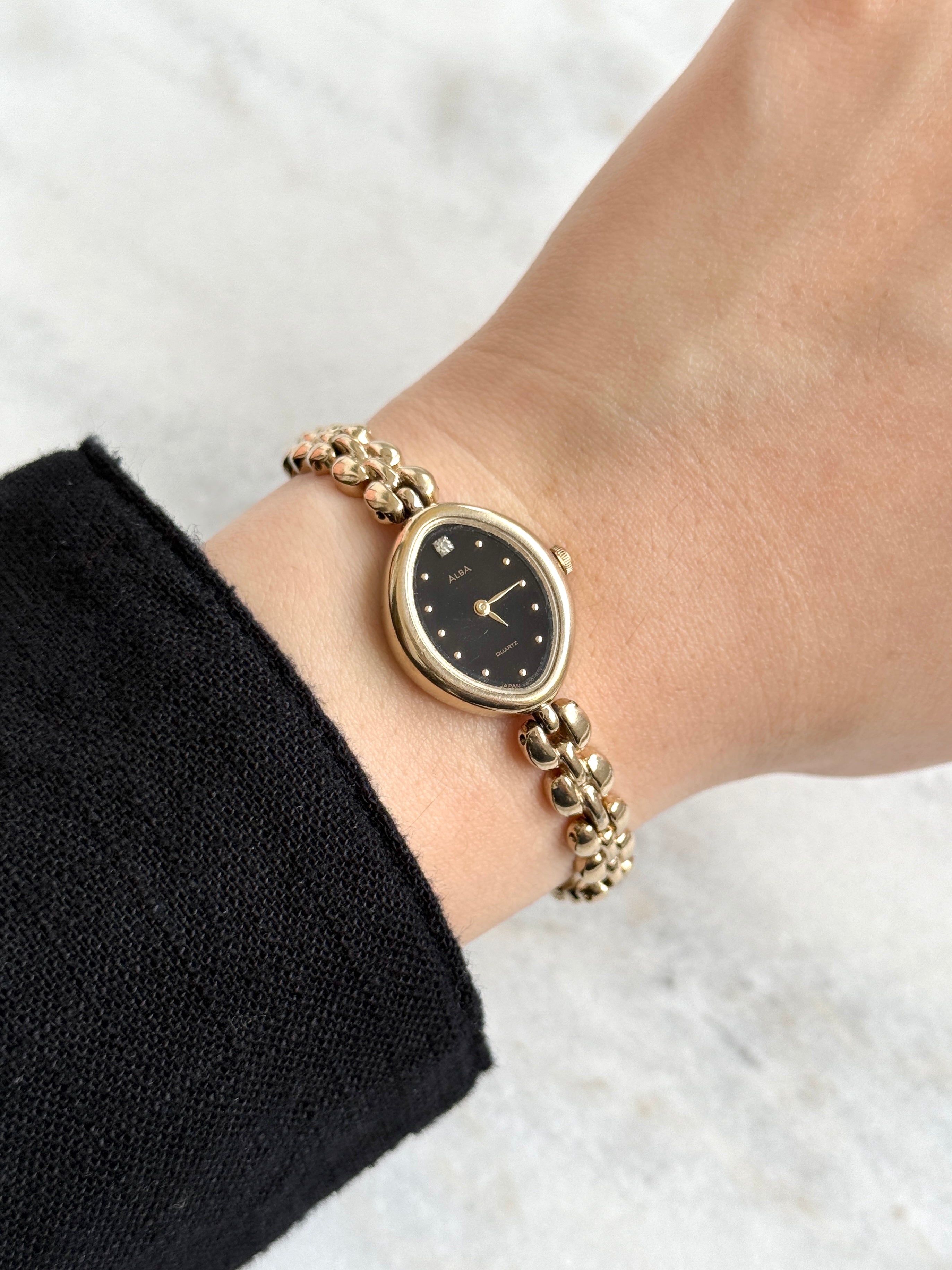 Vintage Alba Champagne Gold Marquise Case with Black Dial