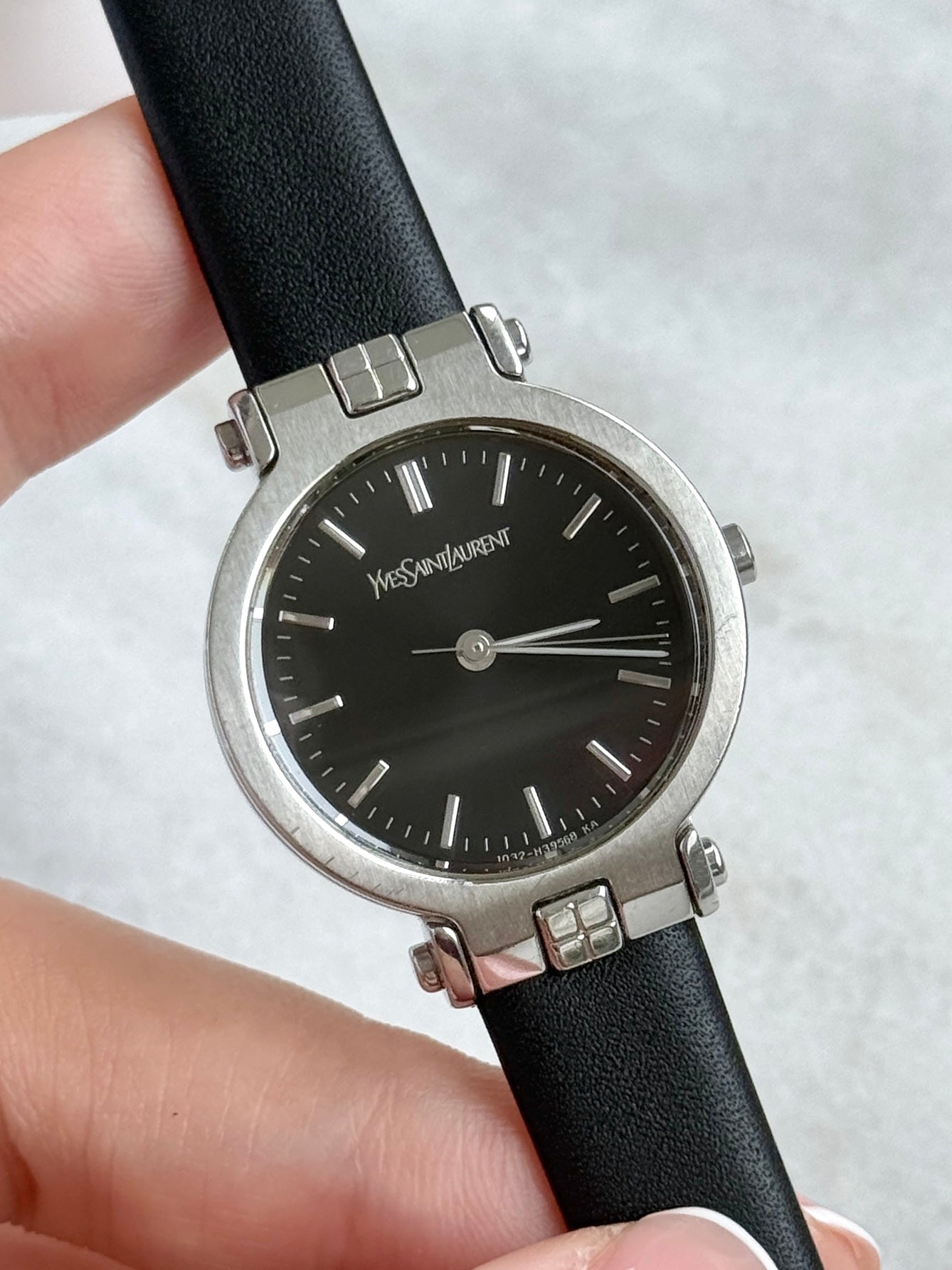 Rare Vintage YSL Brushed Steel Round Case Charcoal Black Dial