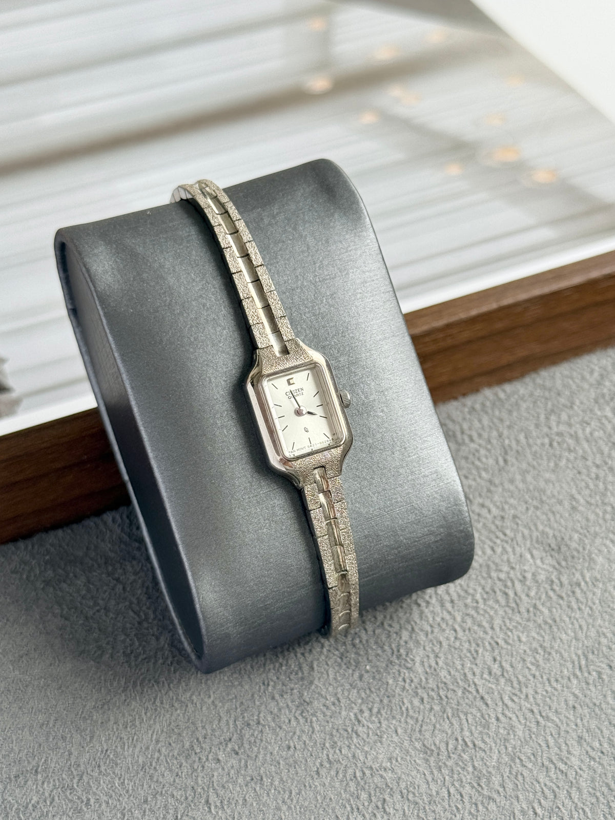 Vintage 1997 Citizen Mini Square Cushion with Textured Silver Toned Bracelet