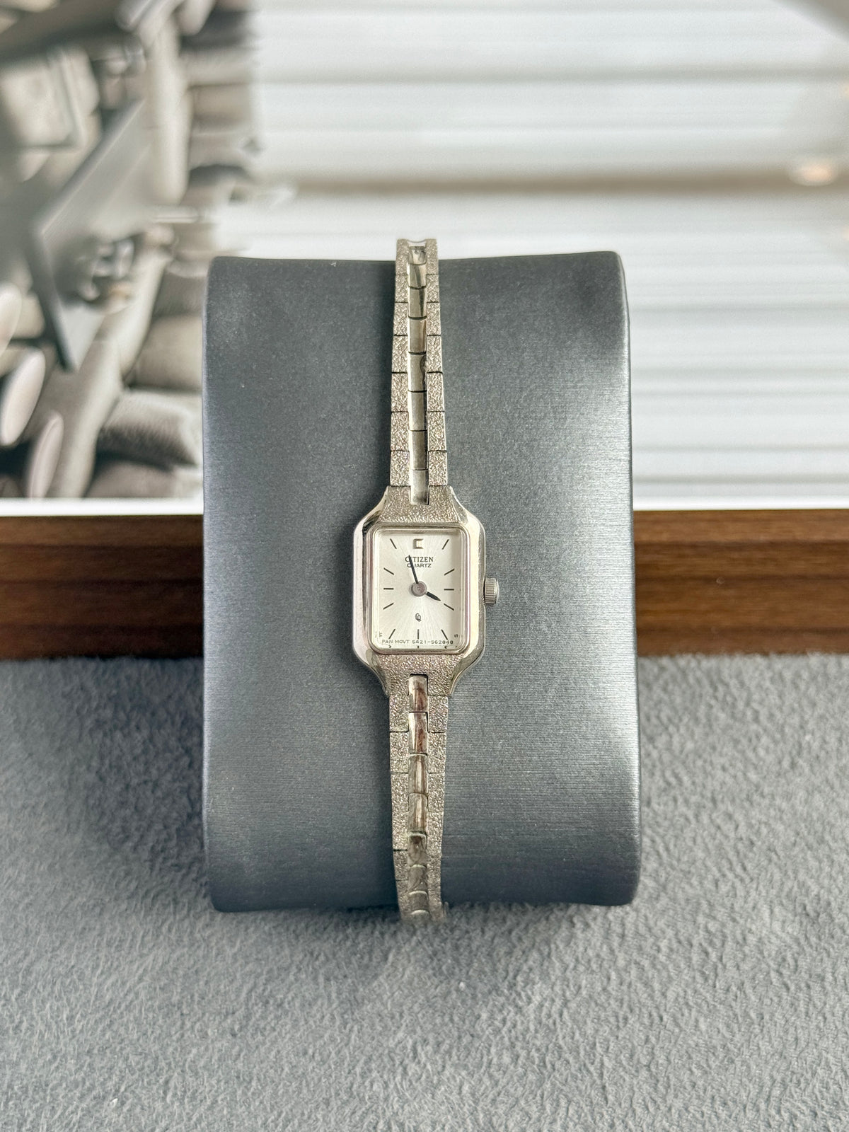 Vintage 1997 Citizen Mini Square Cushion with Textured Silver Toned Bracelet