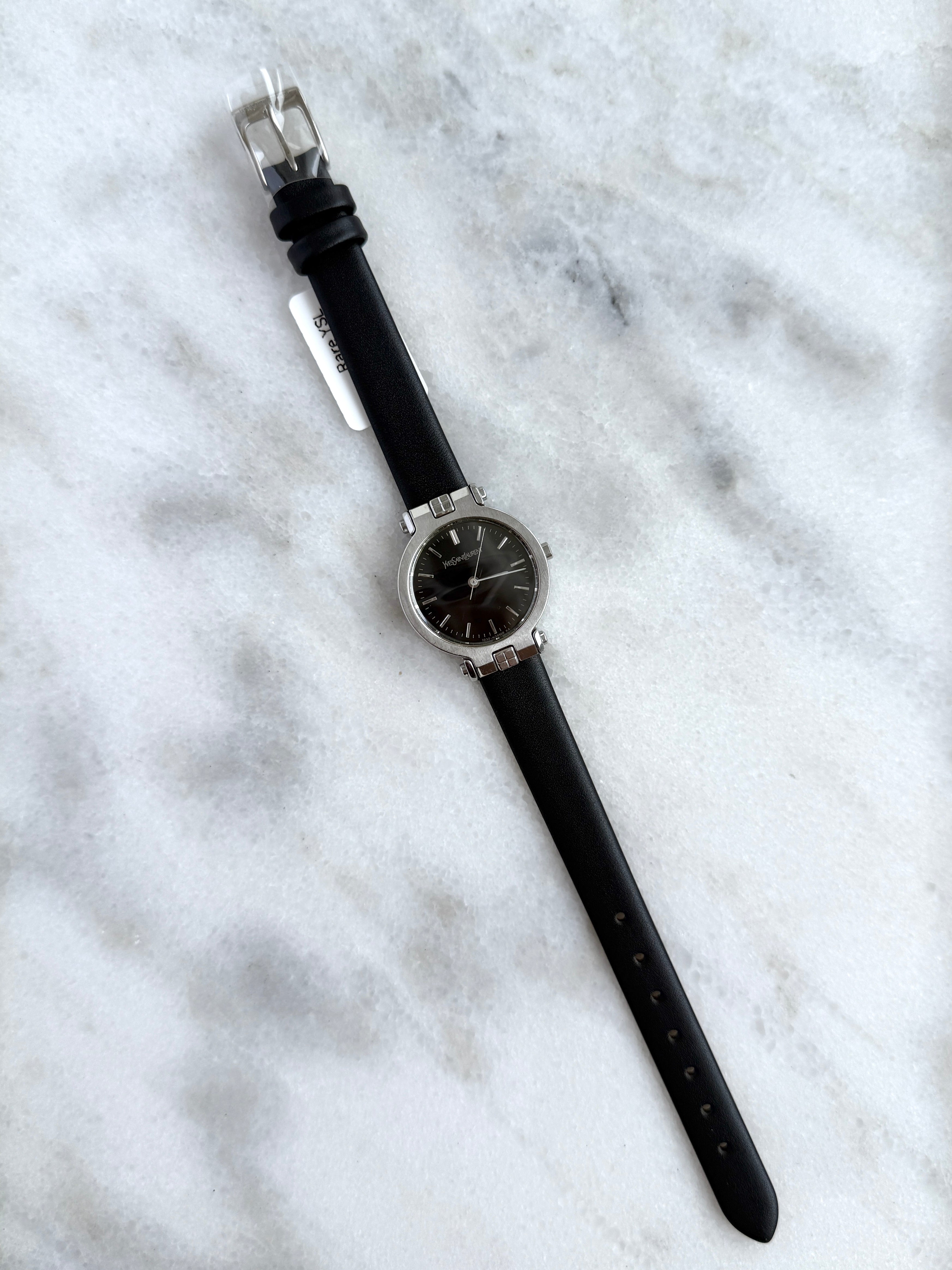 Rare Vintage YSL Brushed Steel Round Case Charcoal Black Dial
