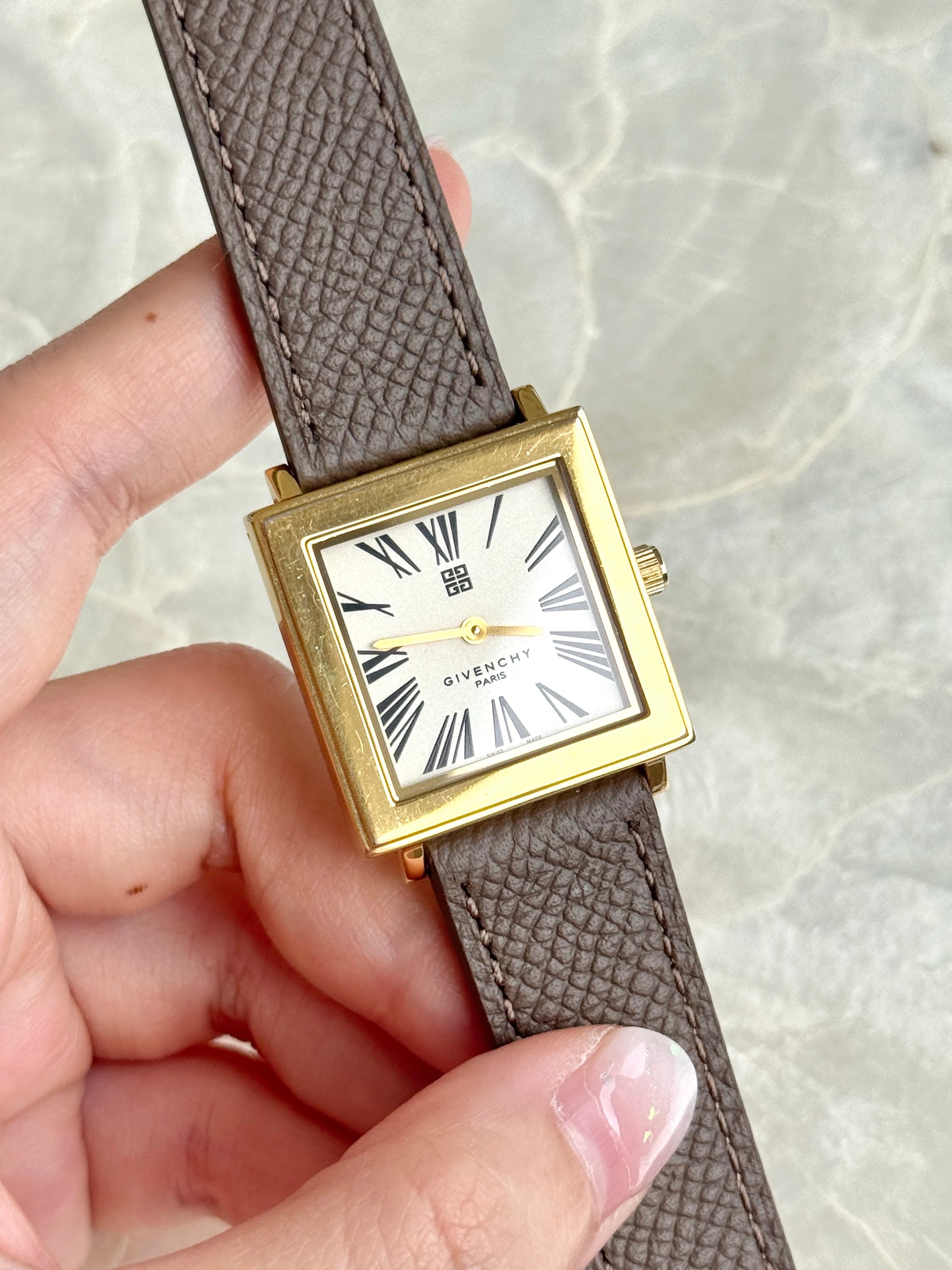Vintage Givenchy Essence "Exploding" Roman Numerals Gold Toned Square Case