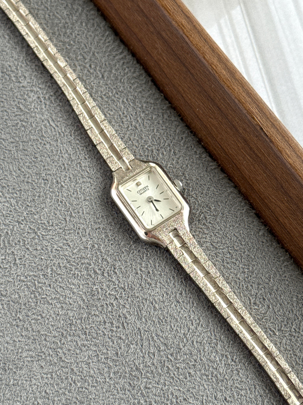 Vintage 1997 Citizen Mini Square Cushion with Textured Silver Toned Bracelet