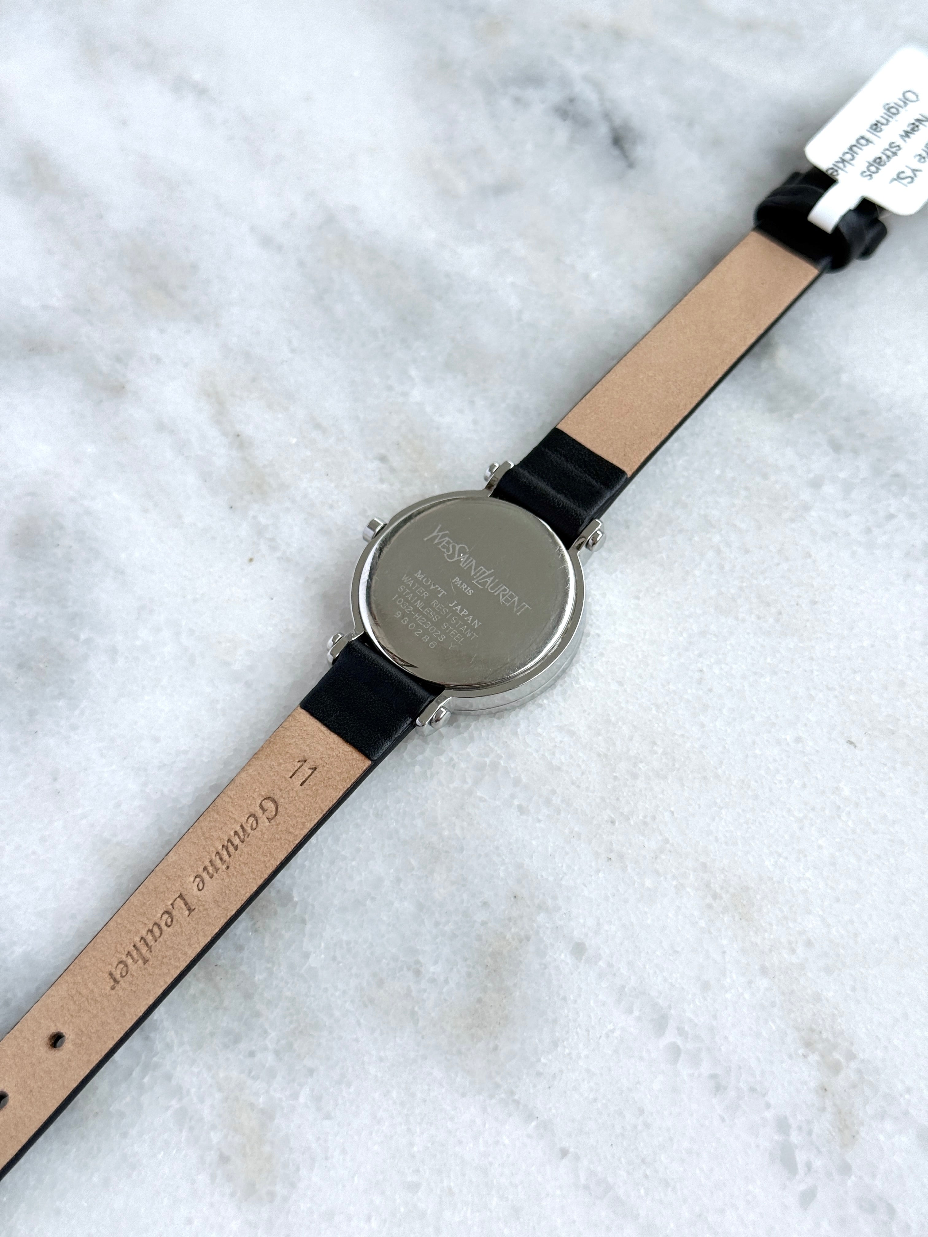 Rare Vintage YSL Brushed Steel Round Case Charcoal Black Dial