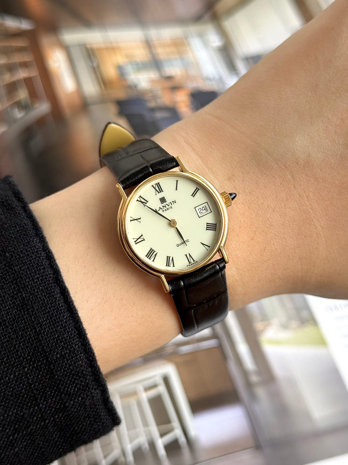 Vintage 1990s Lanvin Swiss Movement Roman Dial with Cabochon Crown