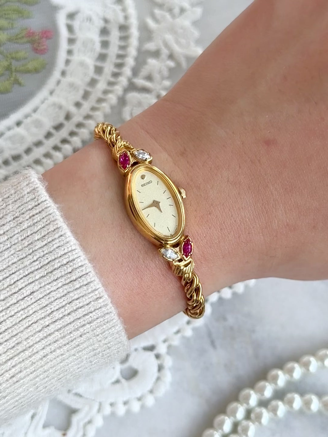 Rare 1990s Vintage Seiko Ruby Petals with Twisted Rope Bracelet